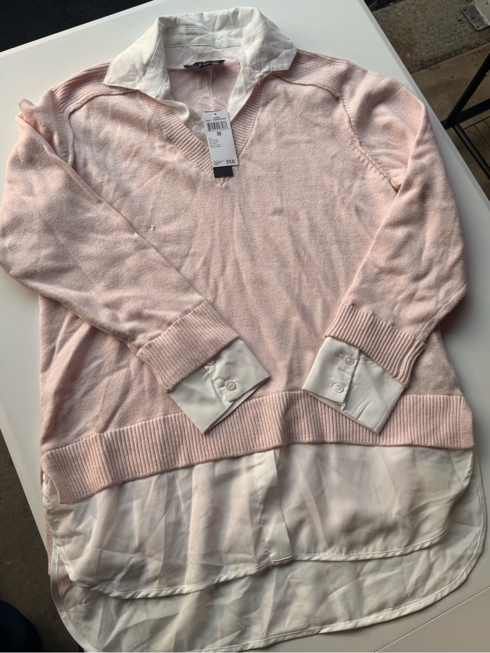 Premise Pink V-Neck Sweater with White Shirt Hem and Cuffs